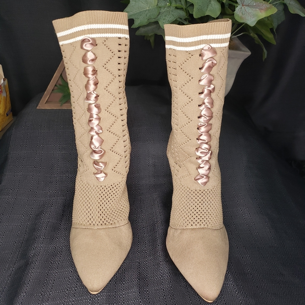 Beige Ribbed Knit Sock Heel, with a Beautiful Satin lace up